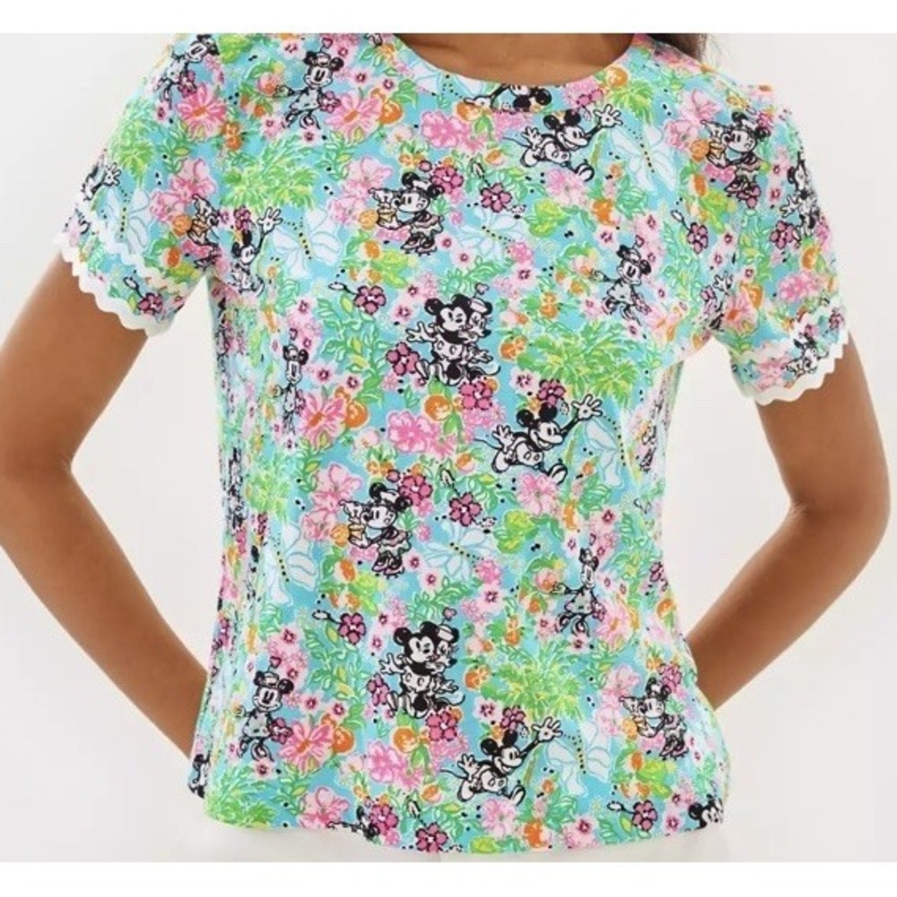 Disney Lilly Pulitzer Clairmont Trimmed Knit Shirt XXS Hearts Minnie Mickey